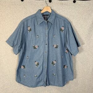 Vintage notations sport denim short sleeve shirt womens 1X embroidered floral